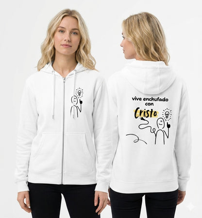 Crown & Cross Co white zip-up hoodie with "Vive Enchufado con Cristo" graphic on back and chest. Made from cotton-polyester blend.