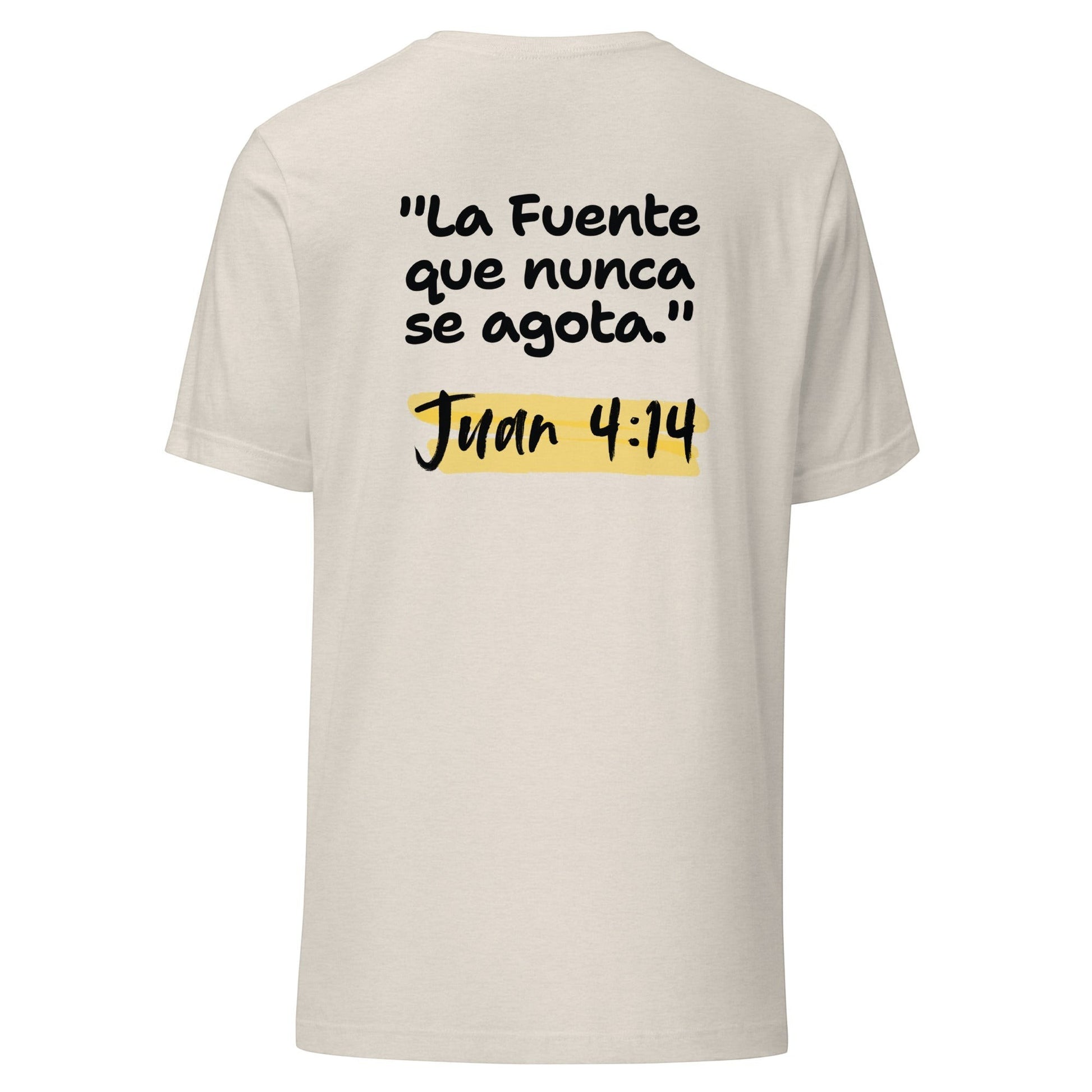 Crown & Cross Co. cream 100% cotton unisex t-shirt with "La Fuente que nunca se agota" and "Juan 4:14" printed on the back.