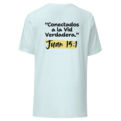 Crown & Cross Co light blue 100% cotton t-shirt with "Conectados a la Vid Verdadera" and "Juan 15:1" graphic print on back.