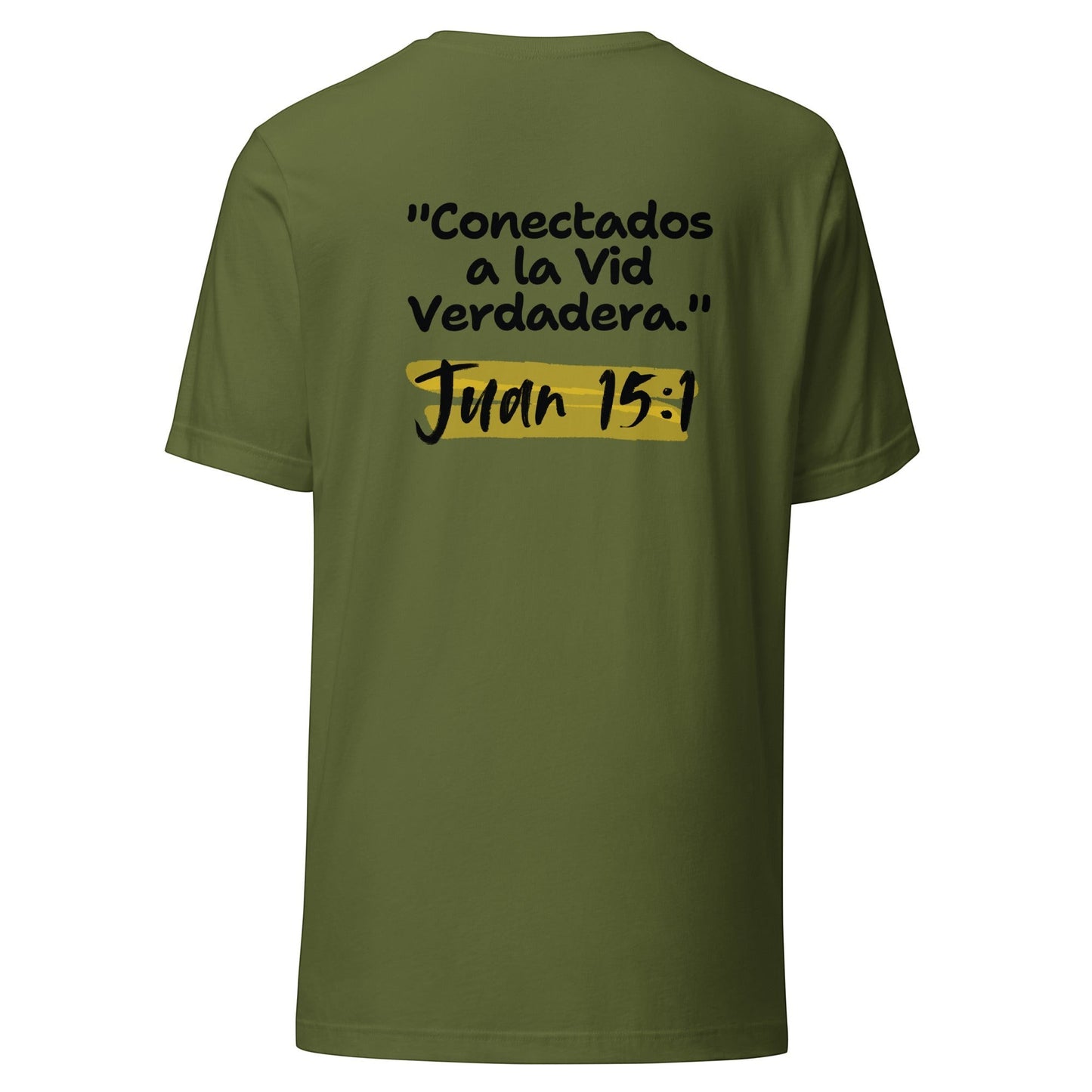 Crown & Cross Co olive green 100% cotton t-shirt with Spanish text "Conectados a la Vid Verdadera." and "Juan 15:1" printed on the back.