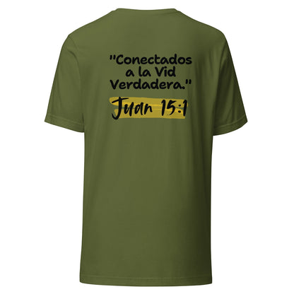 Crown & Cross Co olive green 100% cotton t-shirt with Spanish text "Conectados a la Vid Verdadera." and "Juan 15:1" printed on the back.