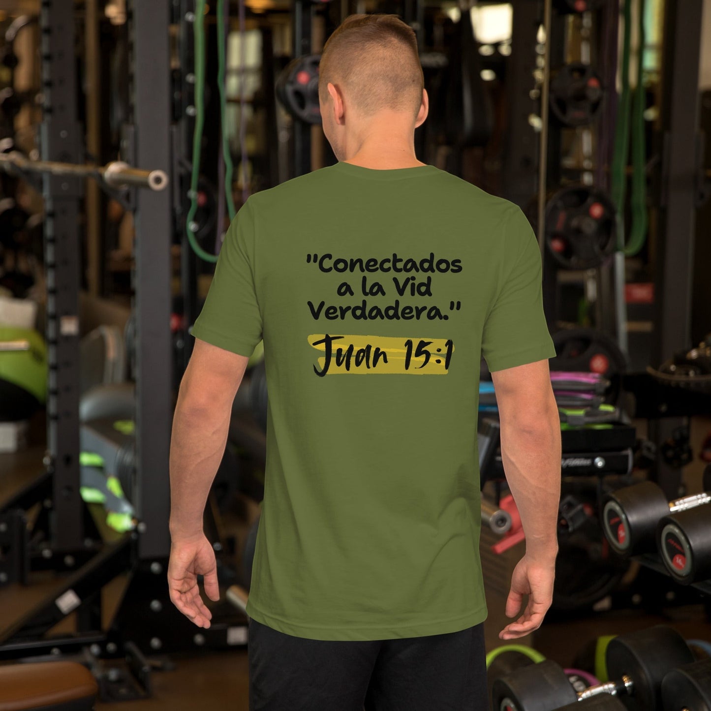 Crown & Cross Co olive green 100% cotton t-shirt with Spanish text "Conectados a la Vid Verdadera" and "Juan 15:1" printed on the back.