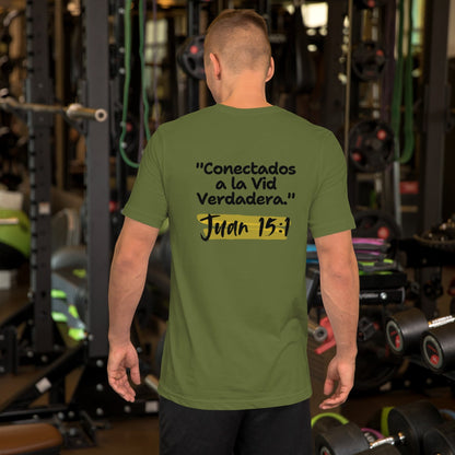 Crown & Cross Co olive green 100% cotton t-shirt with Spanish text "Conectados a la Vid Verdadera" and "Juan 15:1" printed on the back.