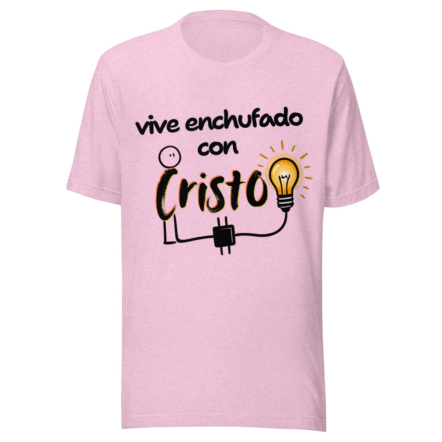 Crown & Cross Co pink 100% cotton unisex t-shirt with "Vive Enchufado con Cristo" graphic and lightbulb.