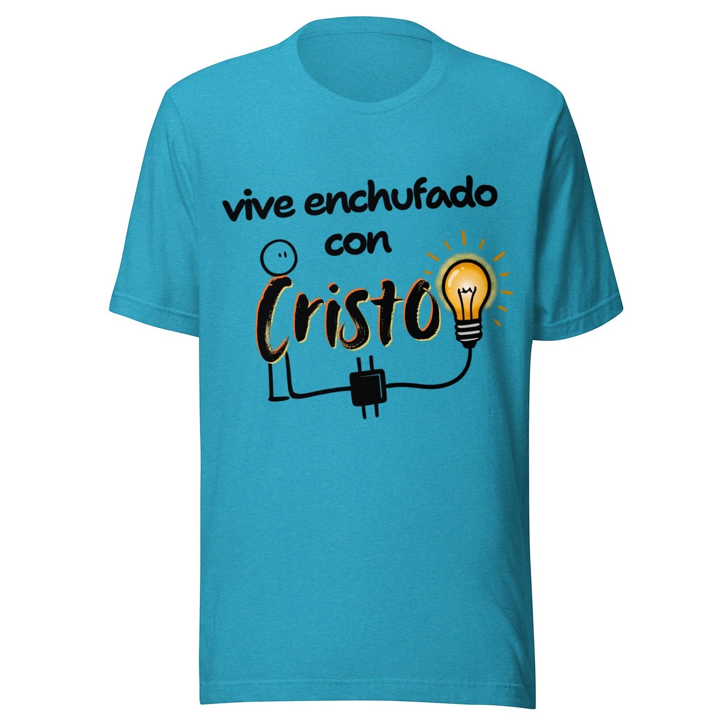 Crown & Cross Co. unisex turquoise 100% cotton t-shirt with "Vive Enchufado con Cristo" graphic and lightbulb.