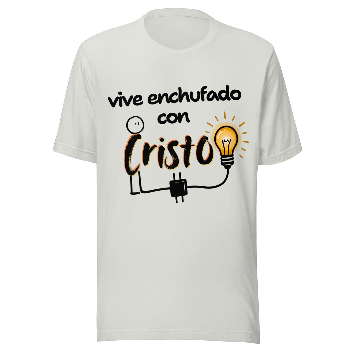 Crown & Cross Co white 100% cotton unisex t-shirt with a graphic print of a stick figure connected to a lightbulb with the text "vive enchufado con Cristo" and "La fuente que nunca se agota".