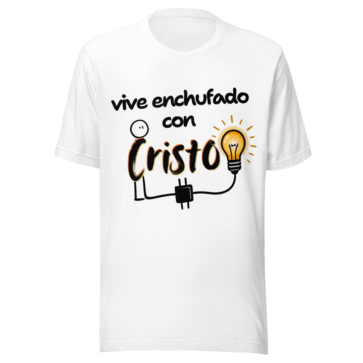 Crown & Cross Co white 100% cotton unisex t-shirt with "Vive enchufado con Cristo" graphic and lightbulb.