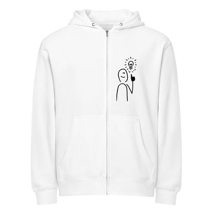Crown & Cross Co white cotton blend zip-up hoodie with a stick figure holding a lightbulb graphic on the left chest.