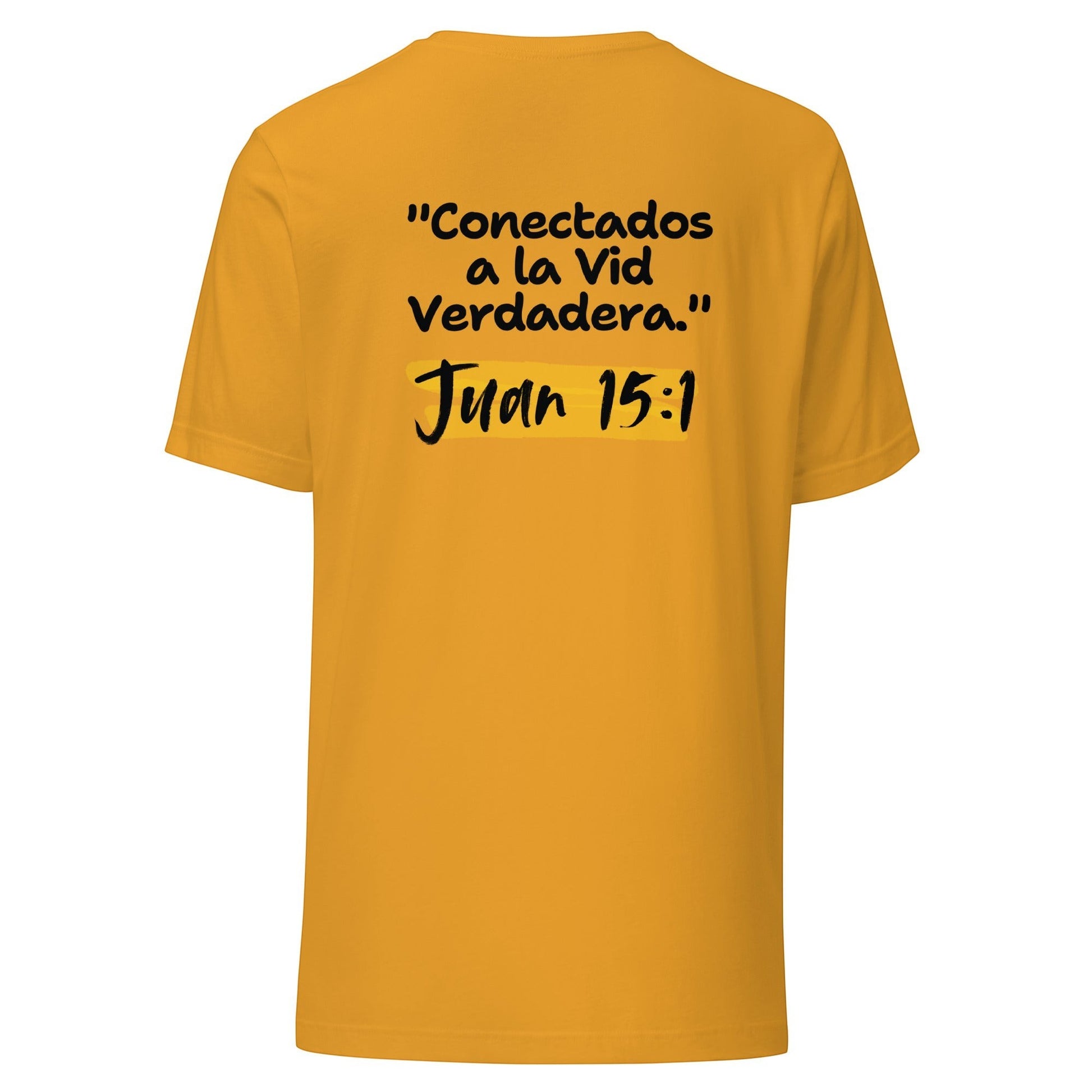 Crown & Cross Co yellow 100% cotton t-shirt with black text reading "Conectados a la Vid Verdadera." and "Juan 15:1".