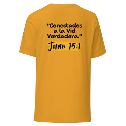 Crown & Cross Co yellow 100% cotton t-shirt with black text reading "Conectados a la Vid Verdadera." and "Juan 15:1".