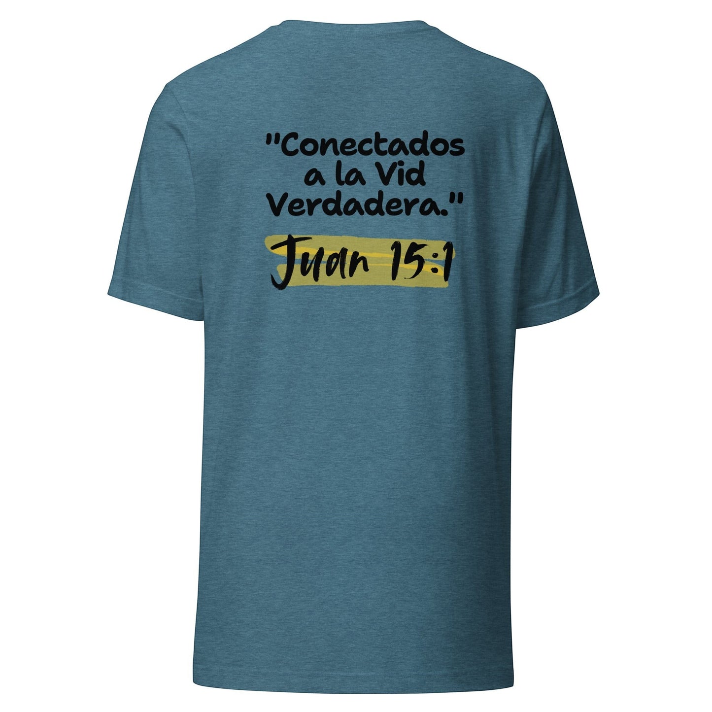 Crown & Cross Co teal heather 100% cotton t-shirt with "Conectados a la Vid Verdadera." Juan 15:1 graphic print on back.