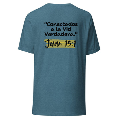 Crown & Cross Co teal heather 100% cotton t-shirt with "Conectados a la Vid Verdadera." Juan 15:1 graphic print on back.